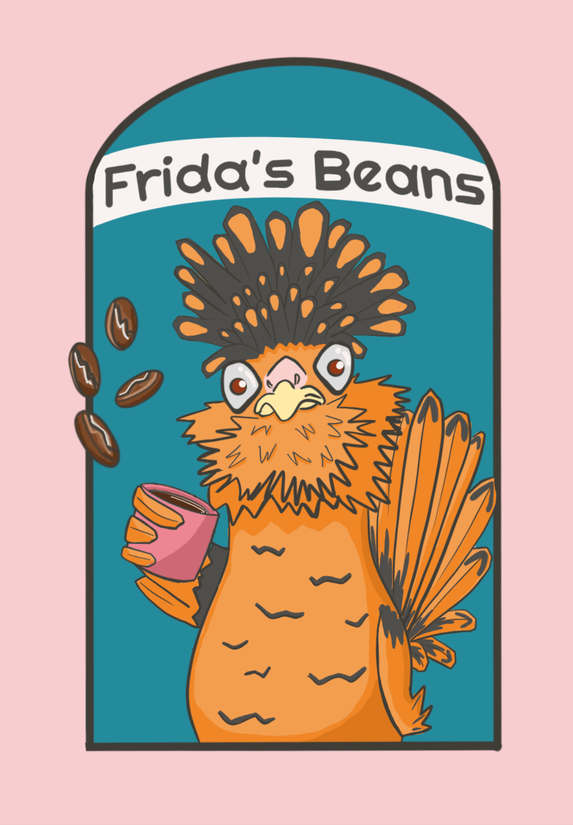 An image of a cartoon chicken holding a coffee cup with coffee beans flying around on a pink background. Text says, Fridas Beans.